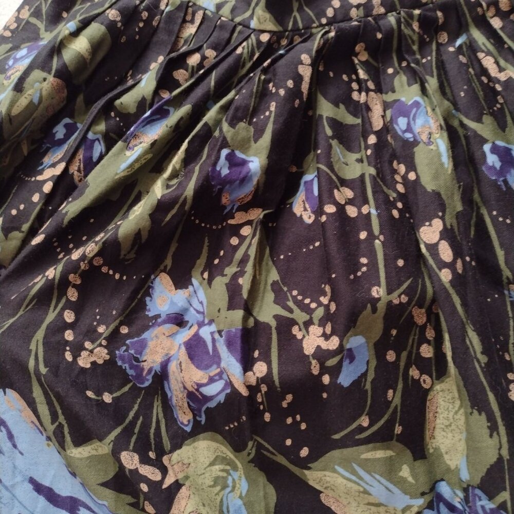 Ann Taylor Loft Floral Full Skirt S6 Black Blue Green Metallic Cotton w Pockets - Picture 7 of 8